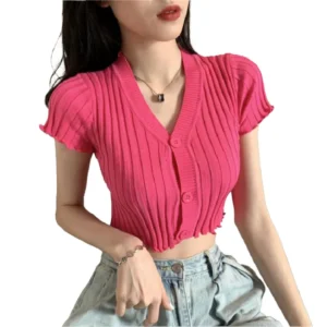 Short Sleeve V-neck Tops Stylish Solid Color Knit Tops for Ladies