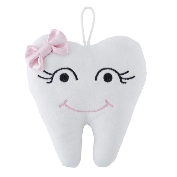 Stephan Baby Plush Tooth-Shaped Fairy Pillow, White with Pink Bow