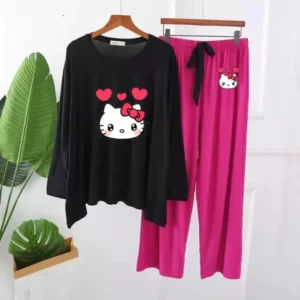 Summer Woman Hello kitty Printed Lounge Wear Night Suit for Girls
